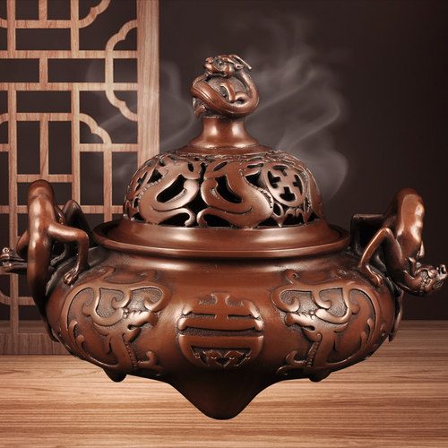 紫铜夔龙纹双螭耳三足炉熏香炉