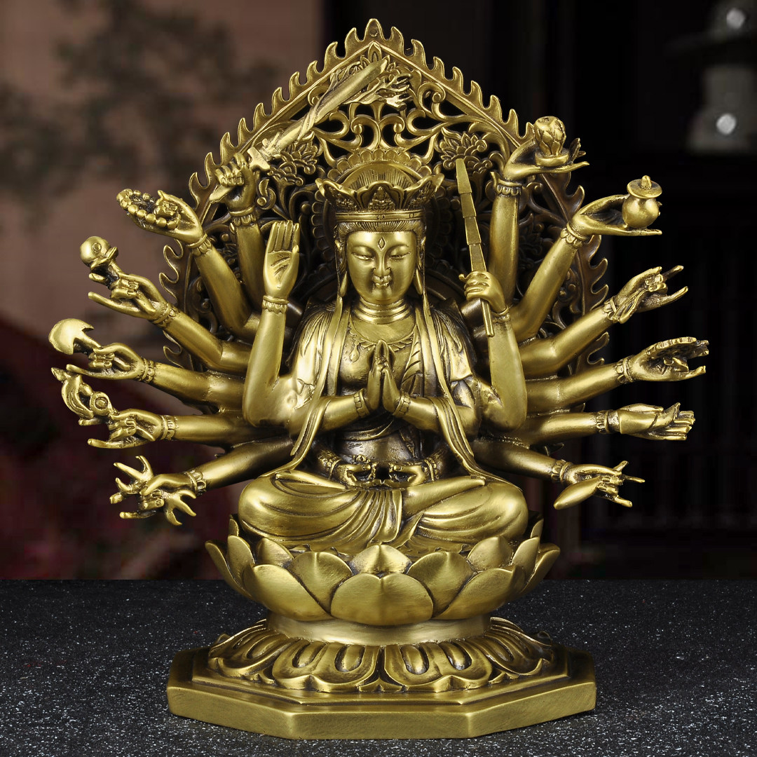 黄铜千手观音佛像摆件观世音菩萨十八臂准提菩萨家用寺庙佛堂供奉
