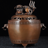 紫铜狮钮象耳鼓式 香熏炉禅室静心修禅茶室香道香炉家用室内香薰炉