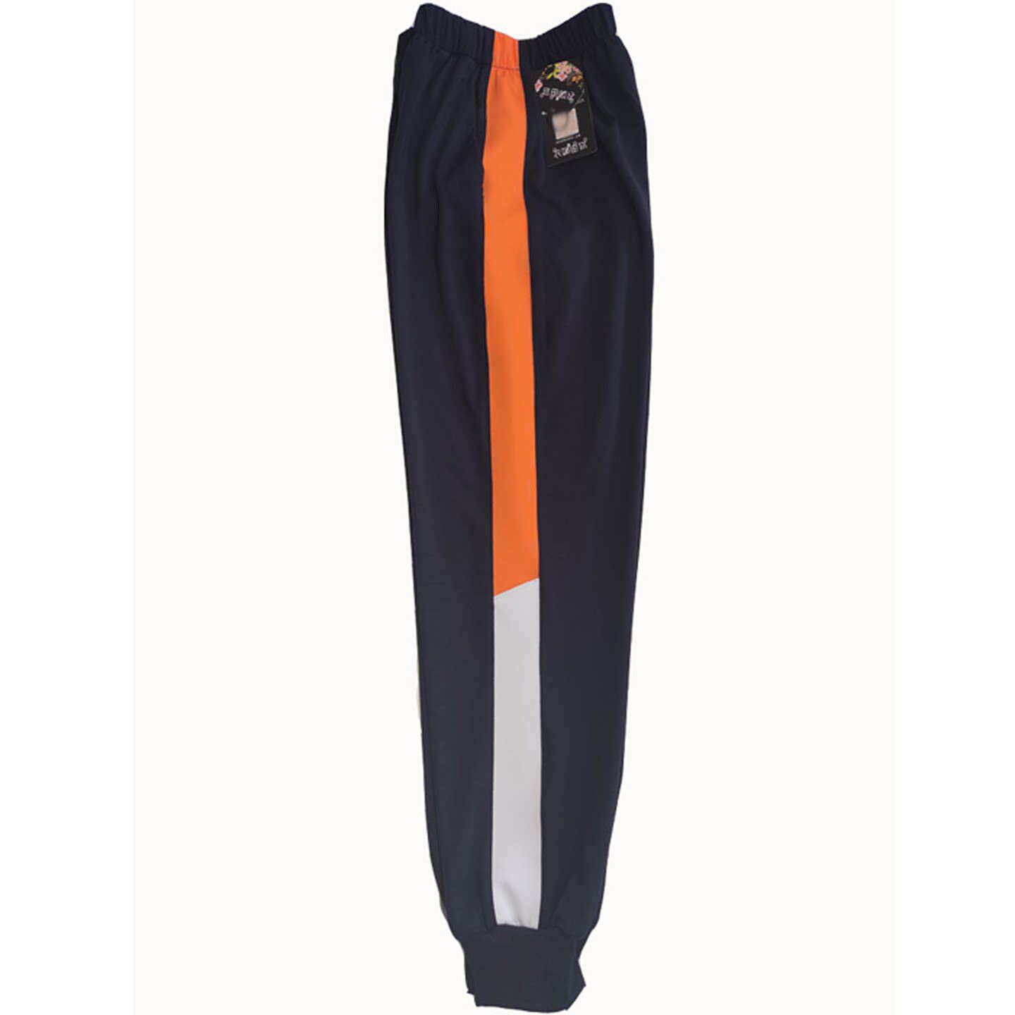 定制校裤藏青色高腰束脚收口长裤上宽橘色杠下宽白色条运动长裤春