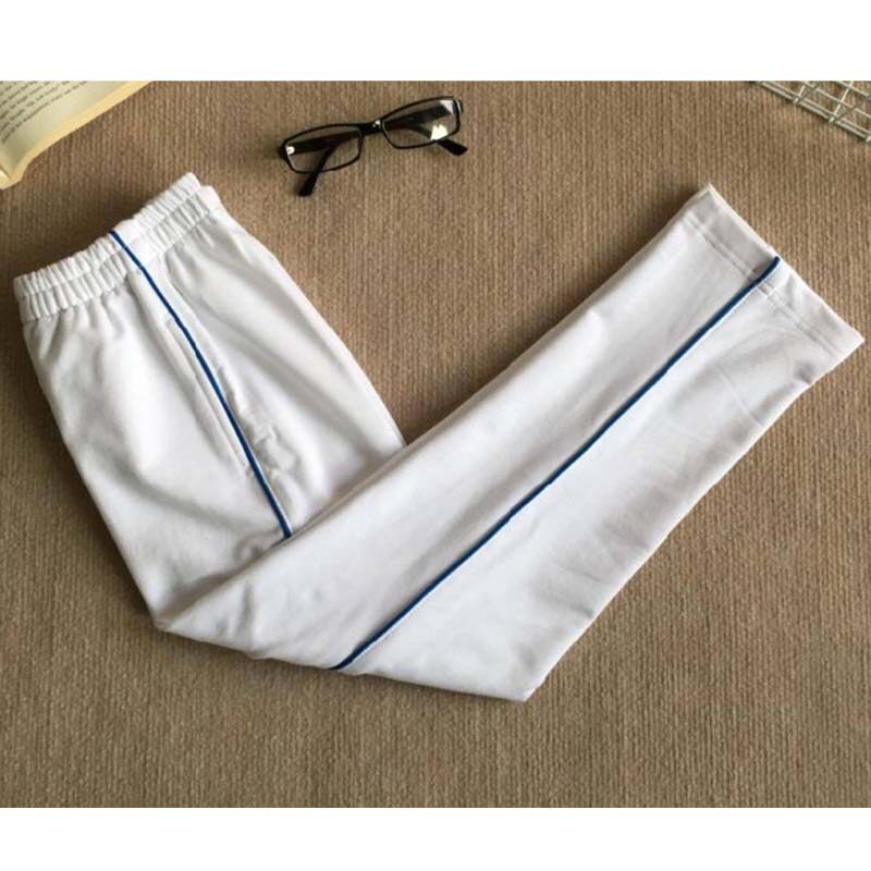 纯棉白色校服裤子春秋冬款一道细宝蓝线细红杠条直筒休闲运动长裤