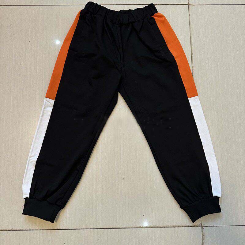 定制四季校服长裤藏蓝色拼接宽桔色杠加白色宽边束脚收口运动校裤