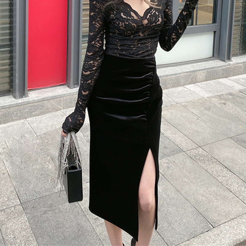 半身裙 2021秋季新款高腰褶皱包臀复古丝绒开衩中长裙铅笔裙纯色,女装/女士精品,半身裙,淘宝优惠券,粉丝福利购,淘宝优惠卷