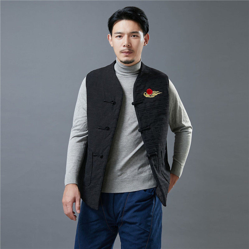 服甲纯棉新款手工盘扣对襟复古国风男式棉马夹刺绣保暖秋冬棉袄