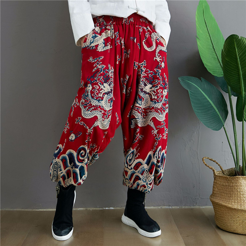 冬季中国风裤子男冬季棉麻印花加绒收口哈伦裤国潮复古休闲宽松裤