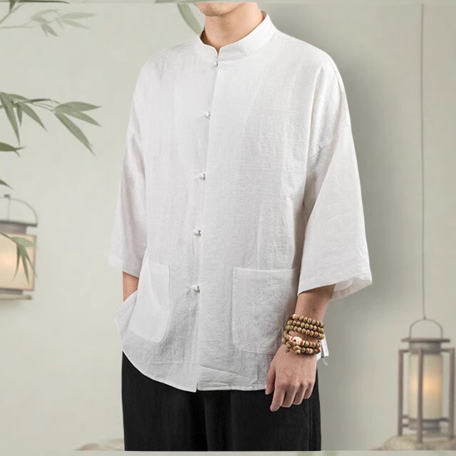 中国风亚麻中山衬衫男七分袖唐装中式棉麻休闲薄款夏秋款青年居士