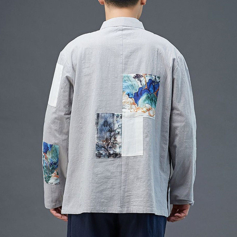 민족 스타일의 새로운 국가 스타일 남성 봄 가을 셔츠 패치워크 코트 윈드 브레이커 코튼 린넨 얇은 판 버튼 가디건