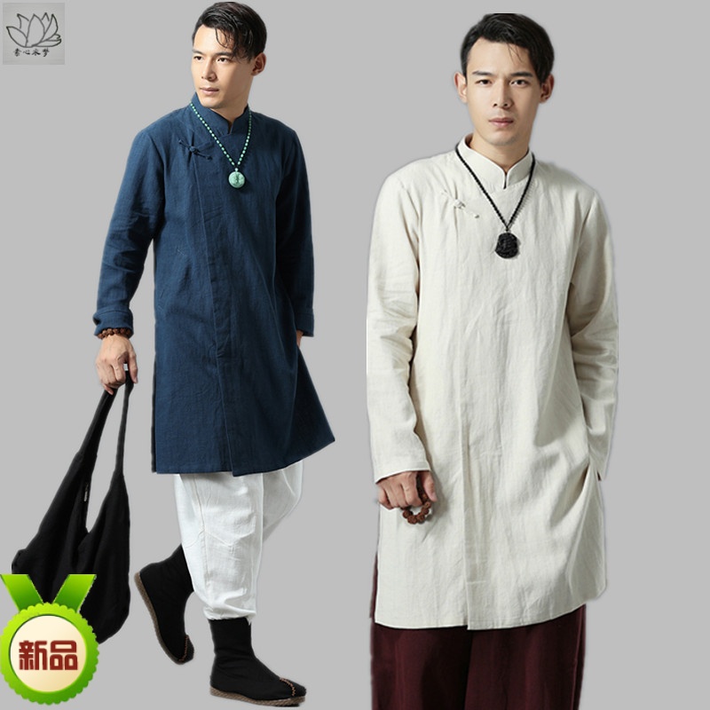 中式春秋季新款中国风棉麻男装亚麻立领衬衫男士长袖复古禅意上衣
