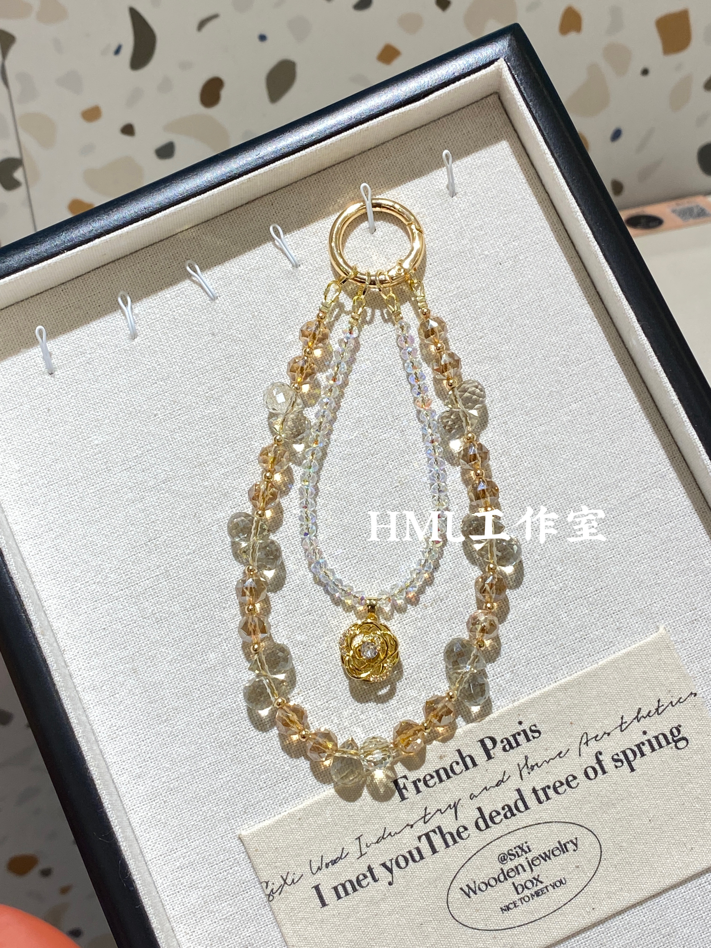 复古千金风双条手机链 香槟琥珀切面水晶山茶花吊坠挂饰59