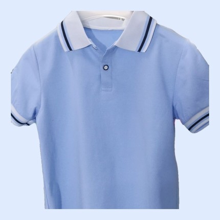 中小学生浅蓝POLO衫校服上衣夏款白领一藏蓝杠条短袖半袖纯棉t恤
