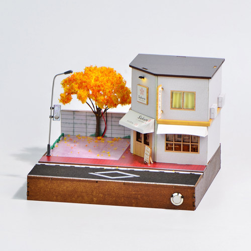 1:64比例汽车模型场景手工拼装微缩街景樱花咖啡店手办模型展示