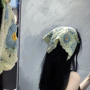法式复古针织头巾女包头海边出遊甜美可爱钩花镂空三角巾发带头饰
