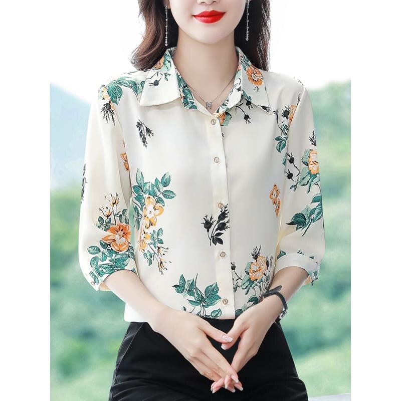 衬衫女雪纺碎花中袖七分袖上衣今年流行妈妈时尚洋气漂亮减龄小衫