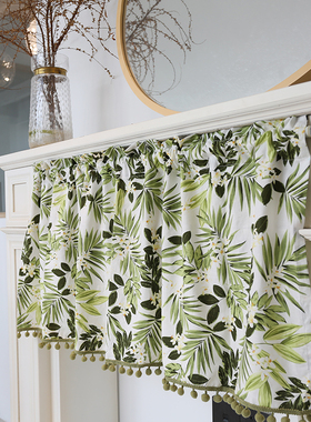 美式雨林花卉绿色棉布遮光窗帘半帘挂钩免打孔门帘粘贴魔术贴定制