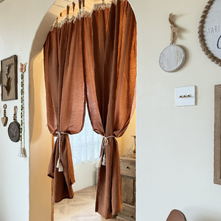 焦糖吊带流苏复古真丝质感加厚免打孔半帘美式 窗帘门帘穿杆可定制