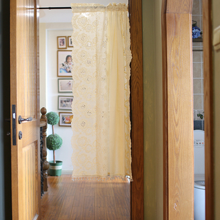 鸢尾乡旅米色棉布水晶珠美式 穿杆柜门帘纯色半帘帘头短帘免打孔帘