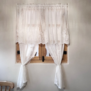 法式 浪漫长幔头白蕾丝奶油窗帘半帘穿杆挂钩免打孔门帘粘贴魔术贴