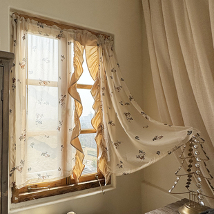 肉粉色奶油玫瑰短窗帘半帘穿杆挂钩免打孔门帘粘贴魔术贴定制