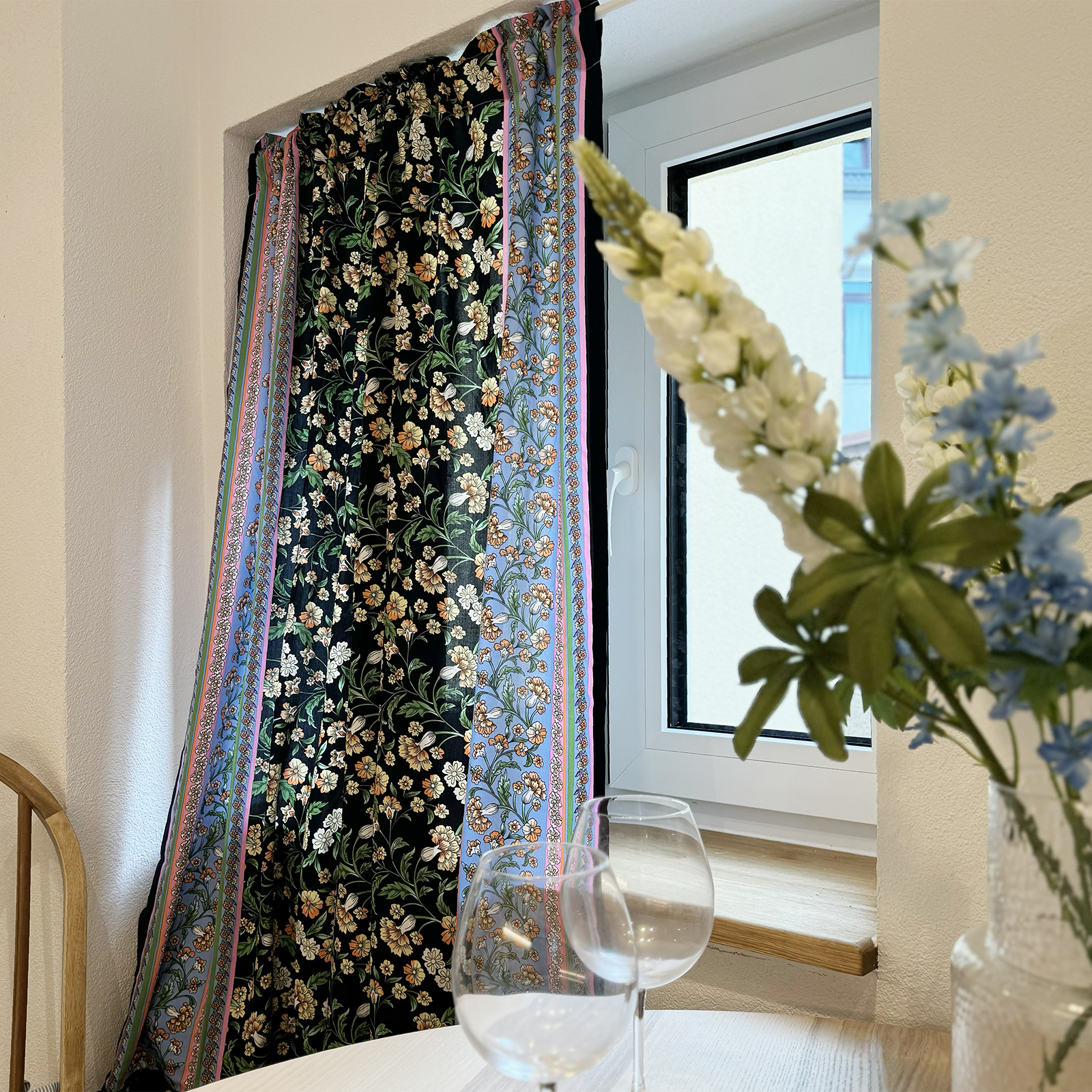 法式碎花棉免打孔半帘魔术贴门帘