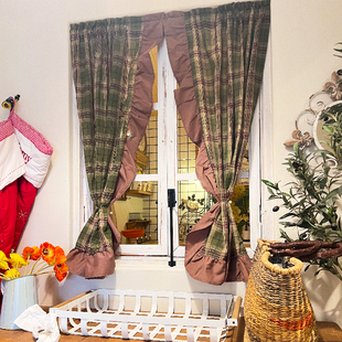 圣诞红绿格子美式乡村中古原木风窗帘门帘半帘厨柜拉帘厨房穿杆帘