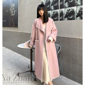 Yazhang2023冬季新款双面呢大衣粉色贝壳绣宽松廓形羊绒大衣外套