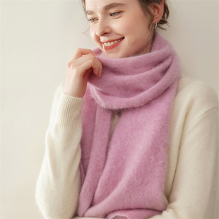秋冬新款100%拉绒山羊绒围巾女针织保暖护颈围脖纯色百搭加厚围巾