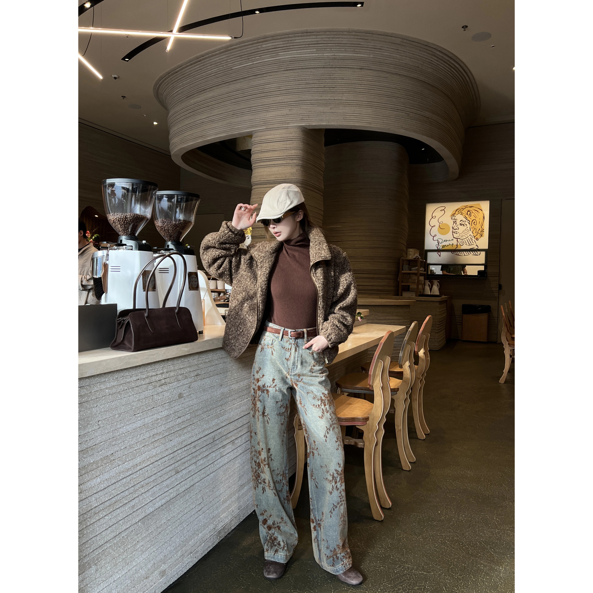 深圳南油/秋冬新款复古加厚绒面雪尼尔提花牛仔直筒阔腿裤10087