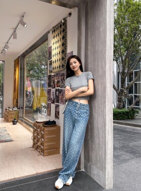 深圳南油/春夏薄款高腰提花复古牛仔裤显瘦时尚宽松阔腿女10003