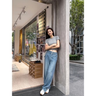 深圳南油/春夏薄款高腰提花复古牛仔裤显瘦时尚宽松阔腿女10003