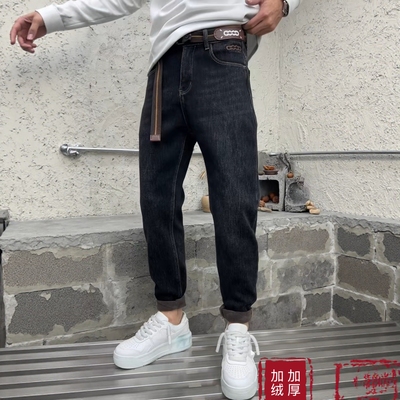 高端刺绣加绒牛仔裤男冬季2025新款潮牌男士带绒加厚修身小脚长裤