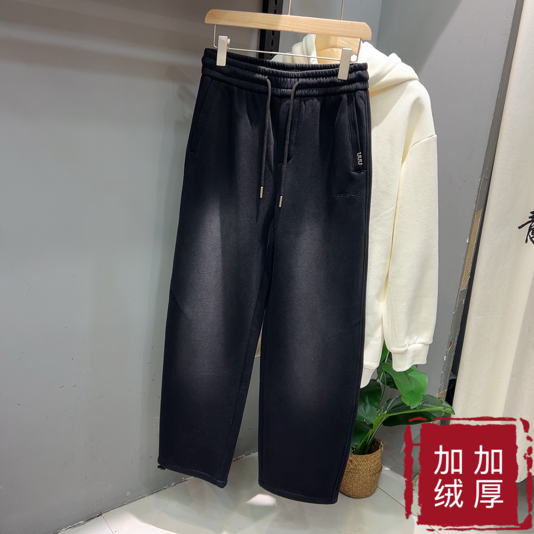 实体潮牌美式垂感水洗卫裤男冬季加绒宽松学生直筒运动休闲厚长裤