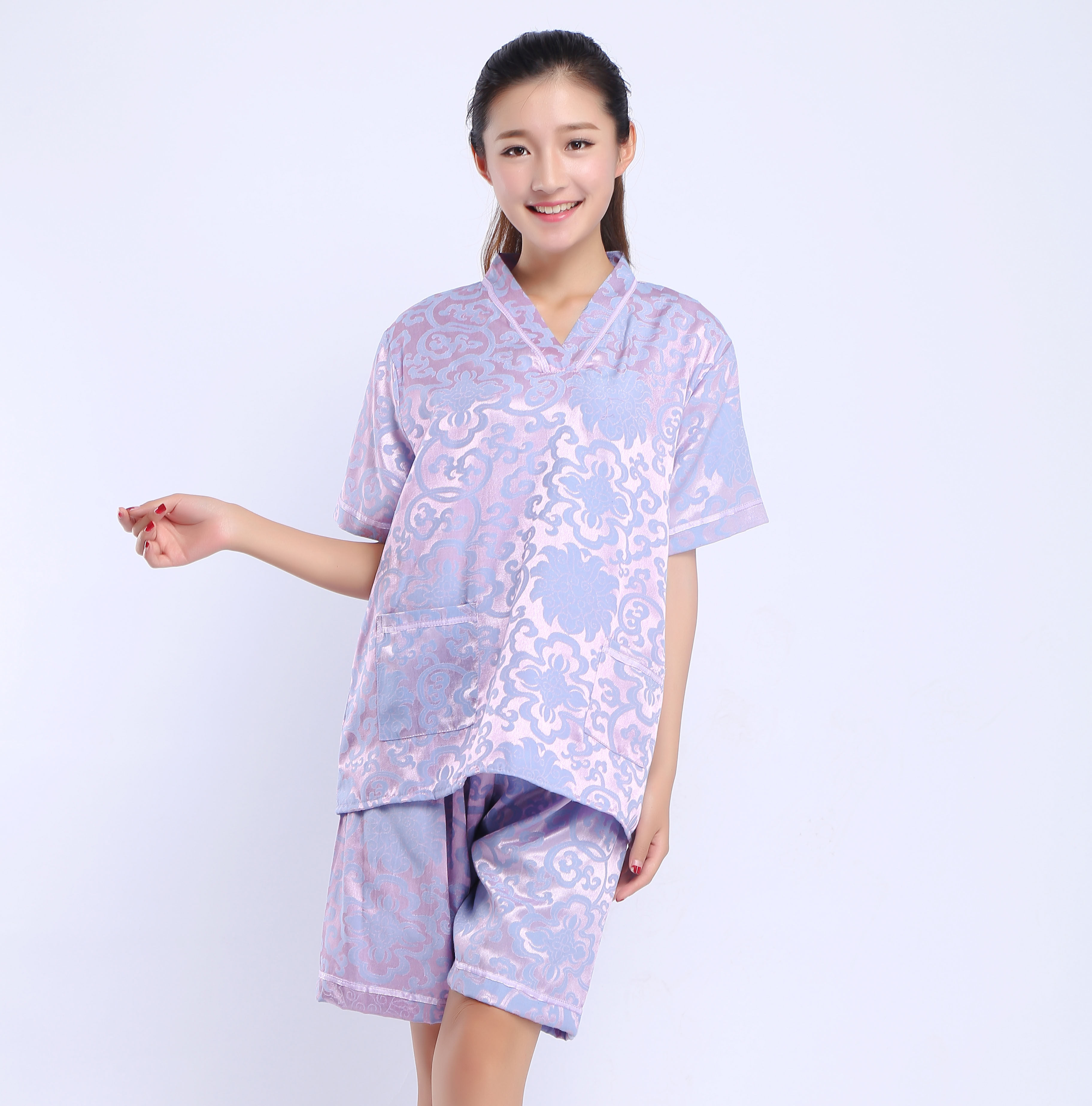 高档纯棉富贵花紫罗兰纳米汗蒸服美容服大码桑拿服浴场浴衣包邮