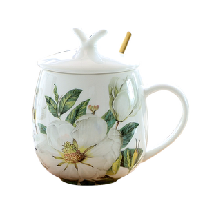 大肚杯骨瓷马克杯带盖勺杯子牛奶杯陶瓷水杯可爱韩版花朵咖啡杯