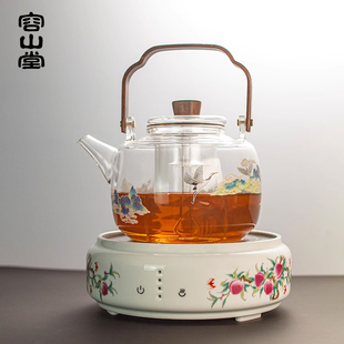 容山堂千里江山玻璃煮茶壶烧水壶陶瓷电陶炉提梁蒸茶壶煮茶器套装