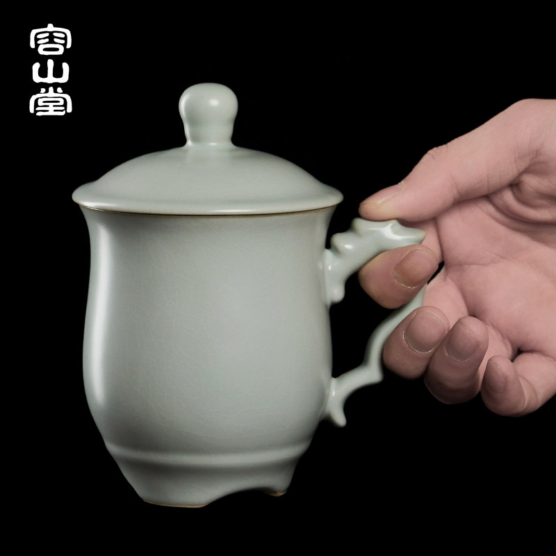 容山堂天青汝窑茶杯陶瓷泡茶杯可开片家用绿茶带盖老板办公室水杯