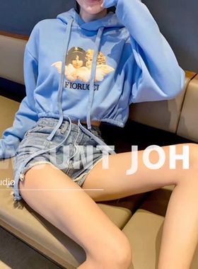 清仓！！LJ定小天使印花短款连帽卫衣女2020新款蓝色卫衣露脐抽绳