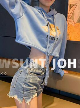 清仓特价！！春夏天蓝色短款女士卫衣长袖宽松上衣连帽套头印花