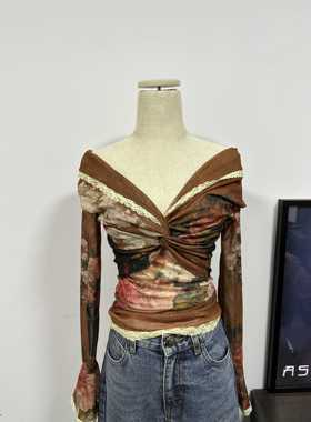 风情万种的上衣女早春chic纯欲欧美画风一字肩扭结长袖t恤打底衫