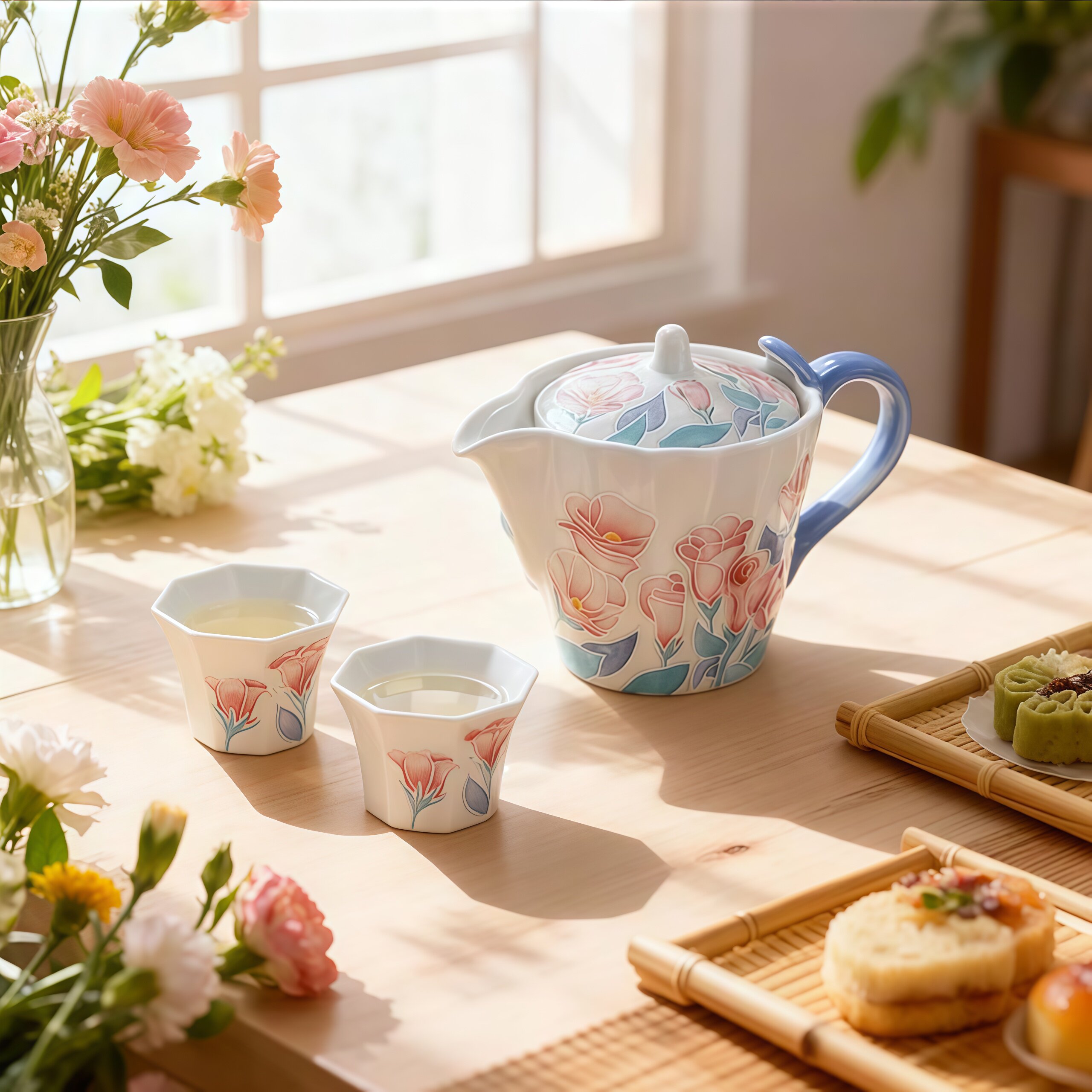 景德镇手工玫瑰花茶壶茶杯礼盒套装手绘釉下彩高颜值送礼功夫茶具