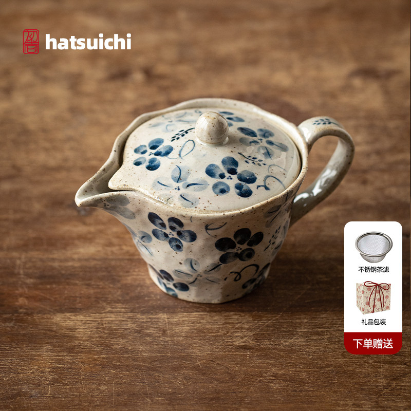 同合日本进口蓝染花茶壶日式小清新陶瓷过滤泡茶壶釉下彩侘寂茶具