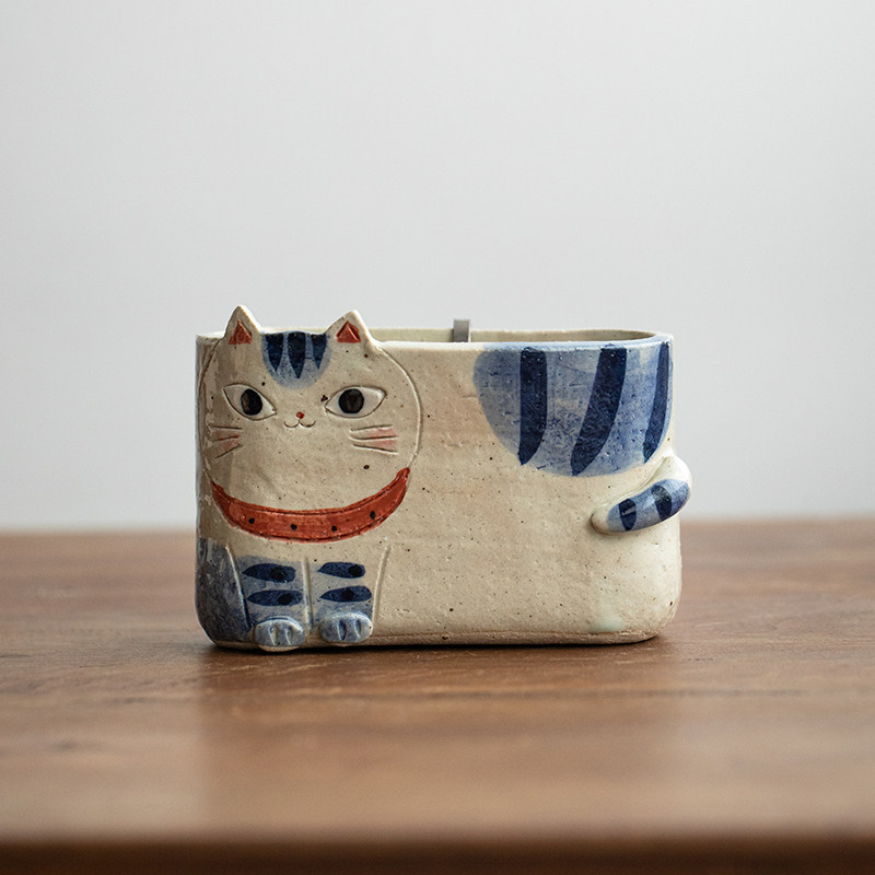 同合日本进口手绘猫咪花盆陶瓷日式手工和风家用客厅插花花器摆件