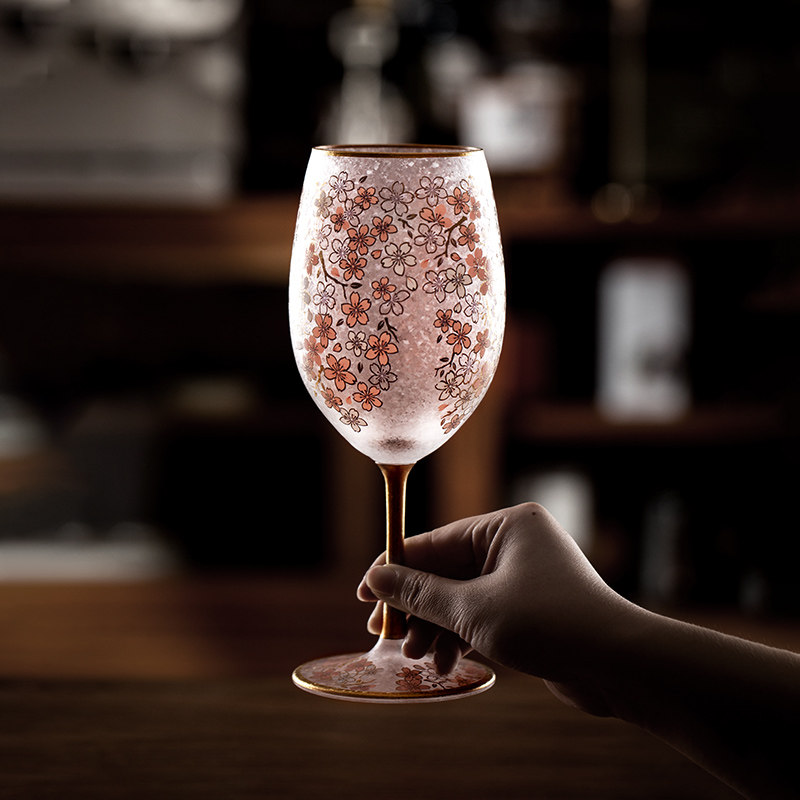 同合日本进口高档樱花玻璃高脚杯礼盒手工描金甜酒杯轻奢香槟杯