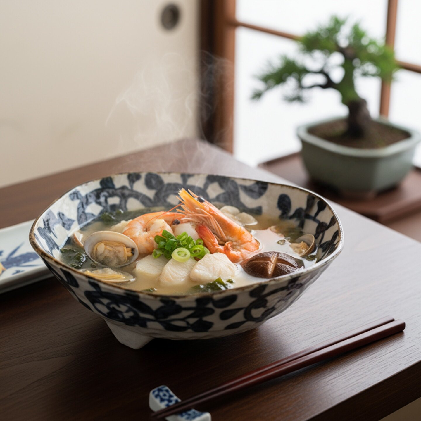 日本进口手绘唐草纹陶瓷大汤盘釉下彩日式家用汤菜盘面钵拉面碗