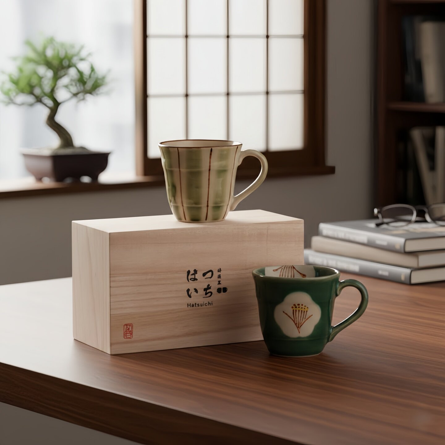 日本进口日式手绘织部椿花情侣对杯马克杯陶瓷木盒包装茶花咖啡杯