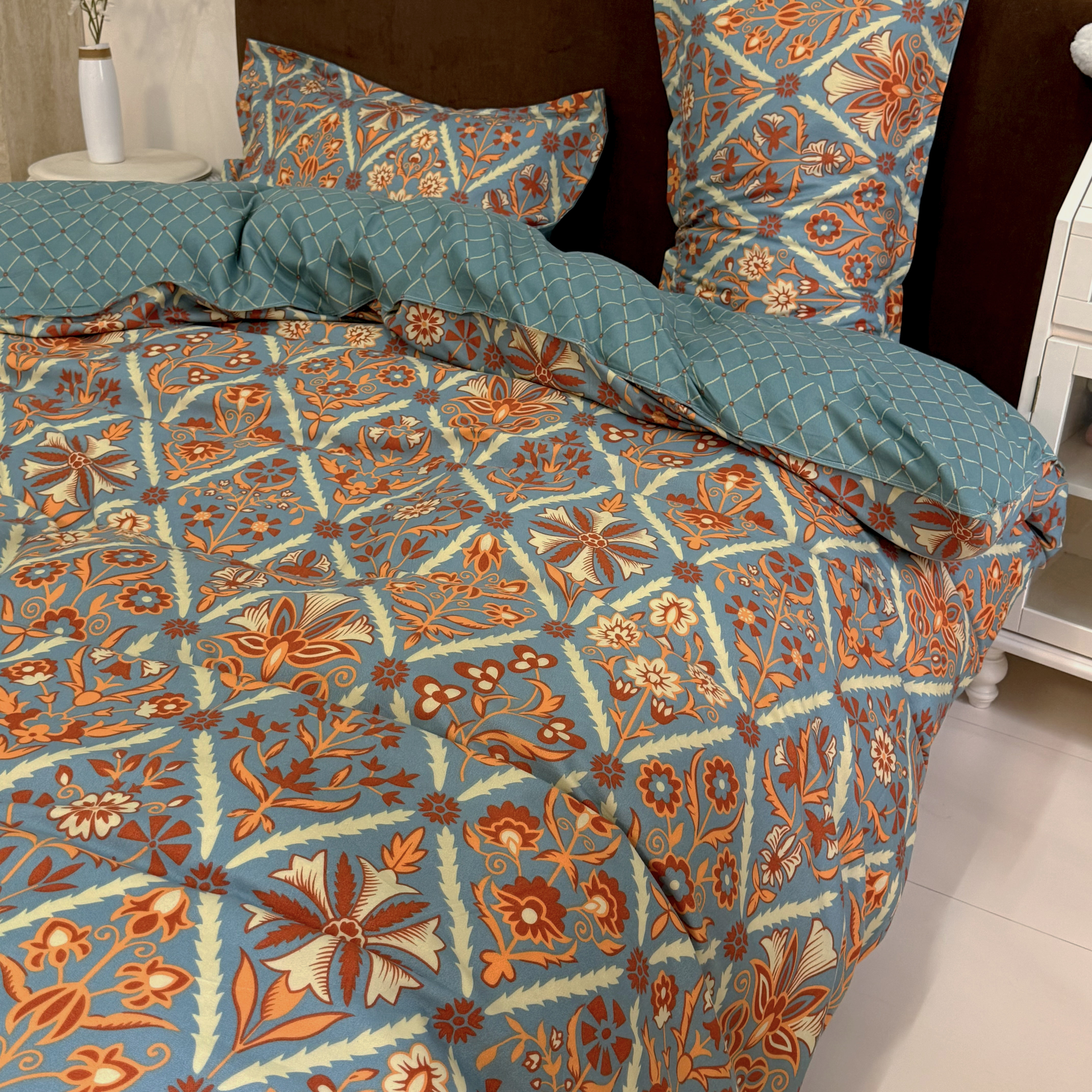 水洗棉化纤典雅图案三件套单床笠枕套-床笠款三件套