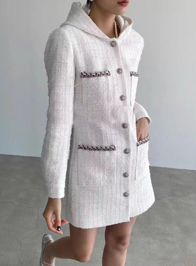 oshea金扣千金小香风连衣裙女2024新款秋季圣诞收腰显瘦羊毛A字裙