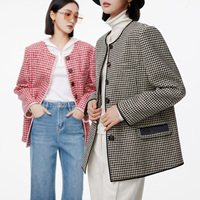 M&E原色羊毛千鸟格复古短外套包边设计长袖圆领香风毛呢夹克上衣