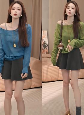 秋季韩版时尚一字领露肩长袖针织衫女宽松显瘦百搭纯色毛衣上衣潮