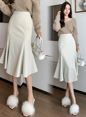 韩版中长款鱼尾皮裙不规则垂坠感大摆PU皮中长裙子高腰气质半身裙