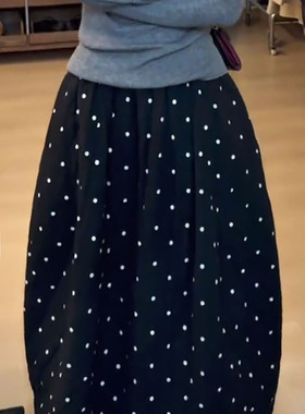 韩系百搭波点加厚半裙松紧腰秋冬气质显瘦时尚复古花苞A字半身裙